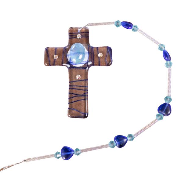 Glass Suncatcher Blue Beaded Cross - Picture 3 of 4